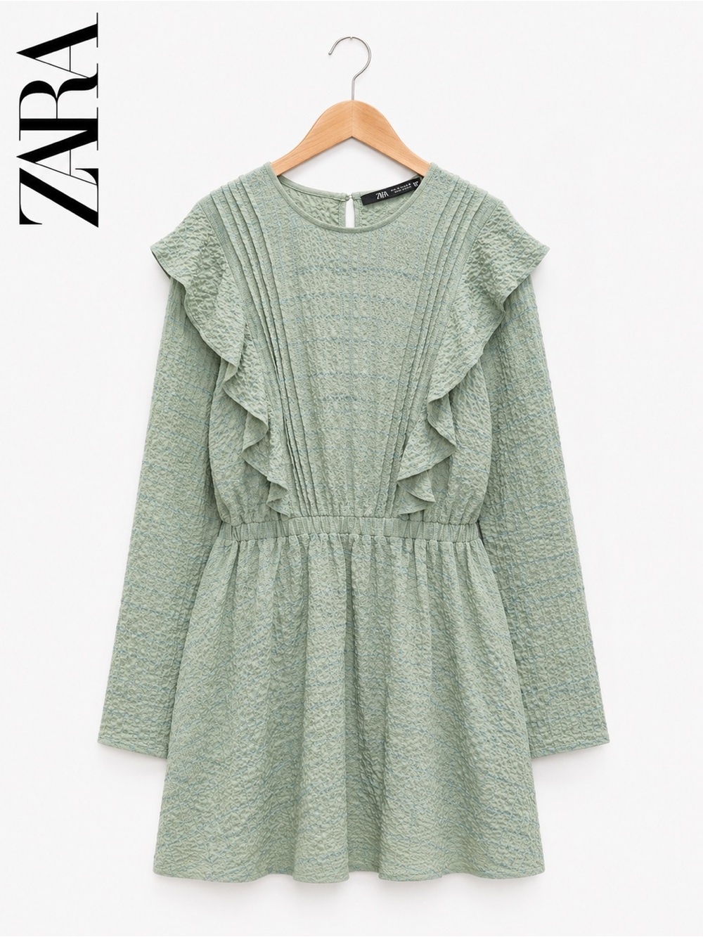 Zara Sage Green Textured Ruffle Mini Dress | Size XXL | Romantic Boho Chic